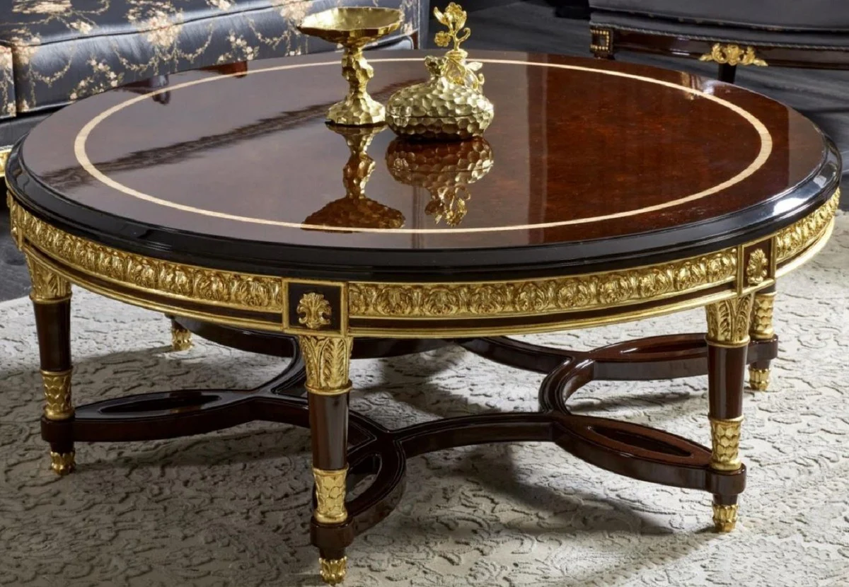 Luxus Barock Couchtisch Dunkelbraun / Gold - Runder Massivholz Wohnzimmertisch im Barockstil - Luxus Wohnzimmer Möbel im Barockstil - Barock Möbel - Edel & Prunkvoll