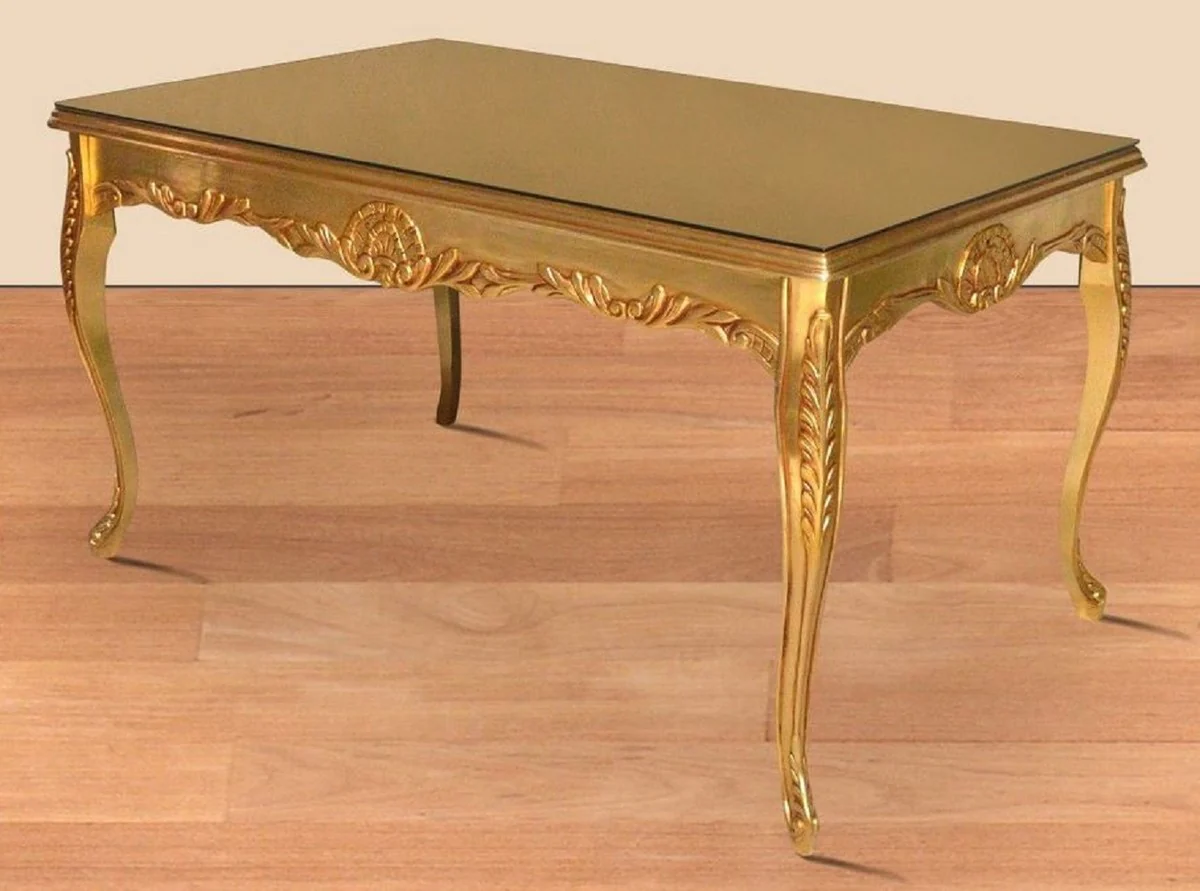 Barock Esstisch Gold 200 x 100 x H. 90 cm - Massivholz Küchentisch mit Glasplatte - Barock Esszimmer Möbel