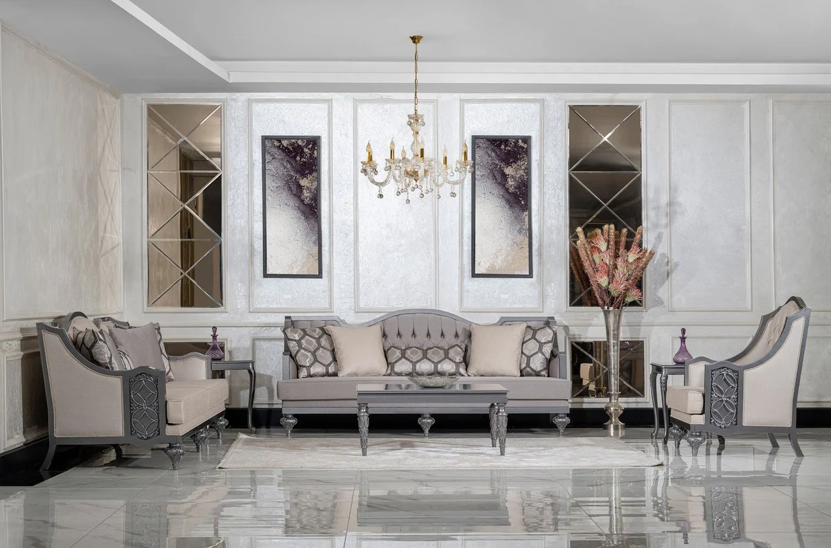 Luxus Barock Wohnzimmer Sofa Beige / Grau - Handgefertigtes Barockstil Sofa mit dekorativen Kissen - Luxus Wohnzimmer Möbel im Barockstil - Barock Möbel