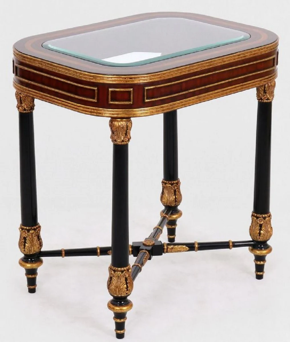 Luxus Barock Beistelltisch Braun / Schwarz / Gold 61 x 46 x H. 65 cm - Edler Massivholz Tisch mit Glasplatte - Barock Möbel