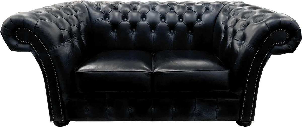 Luxus Echtleder 2er Sofa Schwarz 170 x 90 x H. 80 cm - Chesterfield Möbel