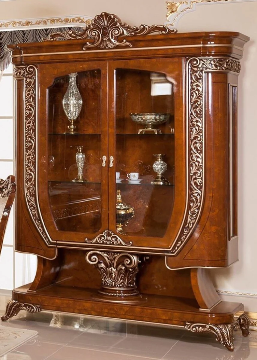 Luxus Barock Vitrine Braun / Bronzefarben - Prunkvoller Massivholz Vitrinenschrank mit 2 Glastüren - Handgefertigte Barock Möbel - Edel & Prunkvoll