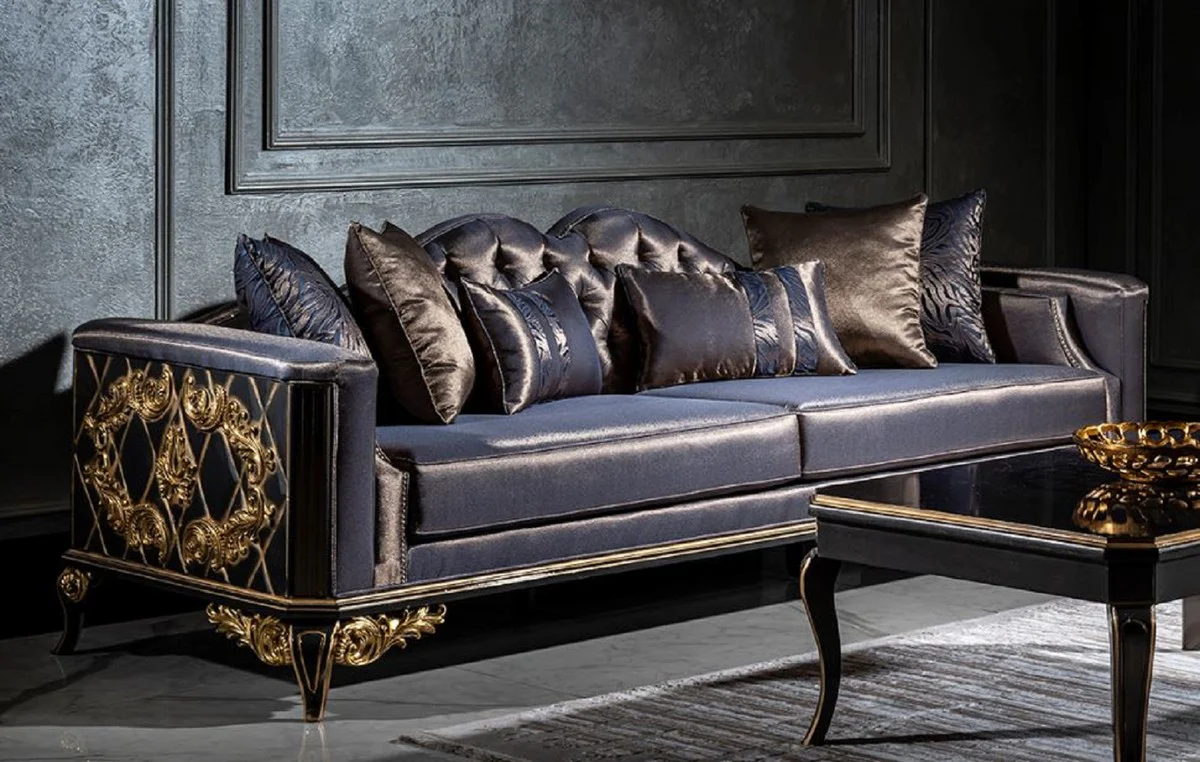 Luxus Barock Sofa Blau / Schwarz / Gold - Prunkvolles Wohnzimmer Sofa mit dekorativen Kissen - Barock Möbel - Edel & Prunkvoll