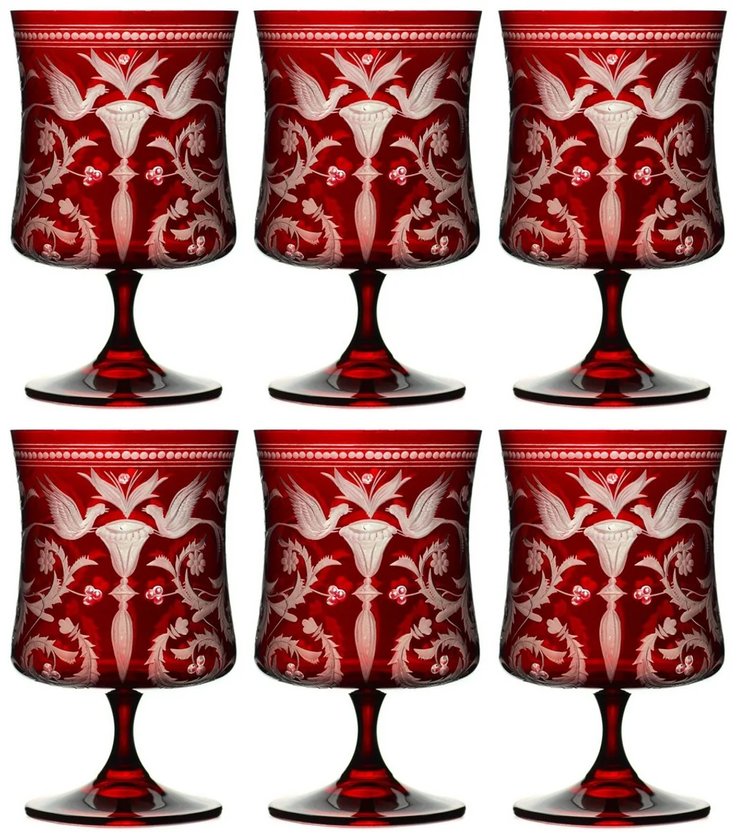 Luxus Brandy Glas 6er Set Rot / Silber Ø 9 x H. 14,5 cm - Handgefertigte und handgravierte Cognacgläser - Hotel & Restaurant Accessoires - Luxus Qualität