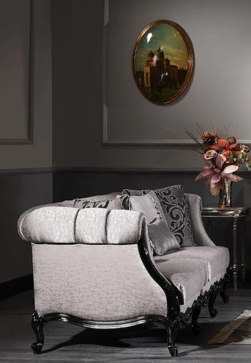 Luxus Barock Wohnzimmer Sofa Silber / Schwarz 256 x 90 x H. 84 cm - Edle Barock Möbel