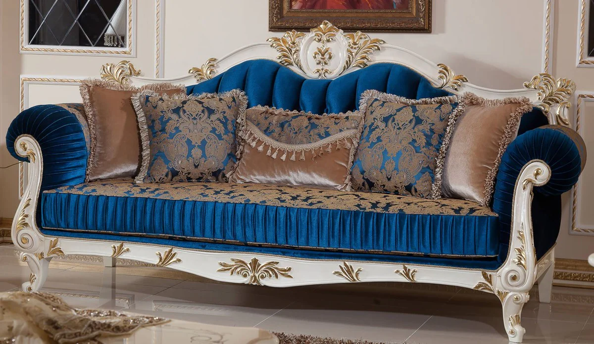 Luxus Barock Sofa Blau / Braun / Weiß / Gold - Prunkvolles Wohnzimmer Sofa mit elegantem Muster - Barockstil Wohnzimmer Möbel - Luxus Möbel im Barockstil - Barock Einrichtung