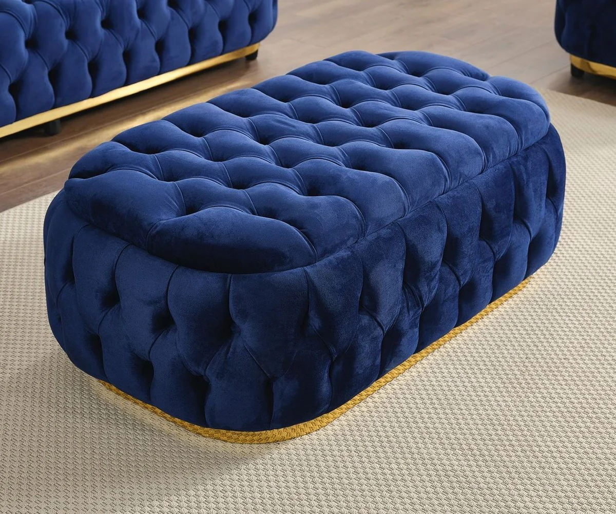 Luxus Chesterfield Samt Hocker Blau / Gold 110 cm