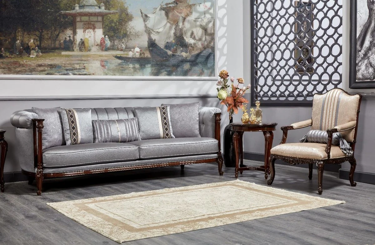 Luxus Barock Sofa Silber / Dunkelbraun - Prunkvolles Wohnzimmer Sofa - Barockstil Wohnzimmer Möbel - Luxus Möbel im Barockstil - Barock Einrichtung - Edel & Prunkvoll