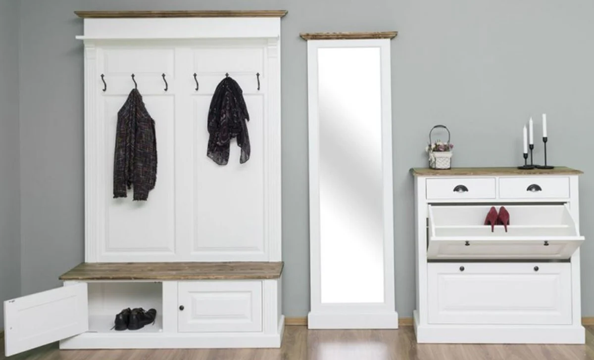 Landhausstil Massivholz Garderobenmöbel Set Weiß / Braun - Garderobenschrank - Spiegel - Schuhschrank - Möbel im Landhausstil