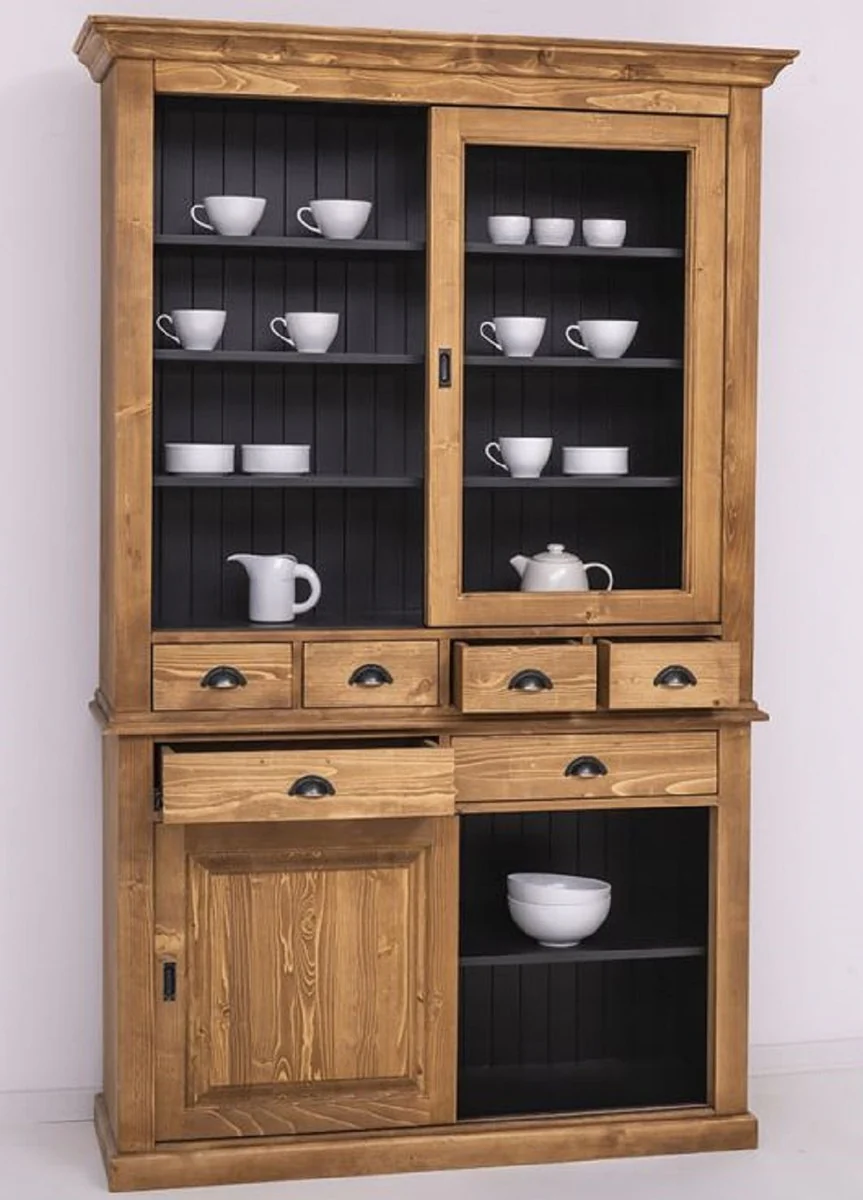 Landhausstil Esszimmerschrank Braun / schwarz 142 x 48 x H. 225 cm - Massivholz Küchenschrank - Landhausstil Esszimmer Möbel