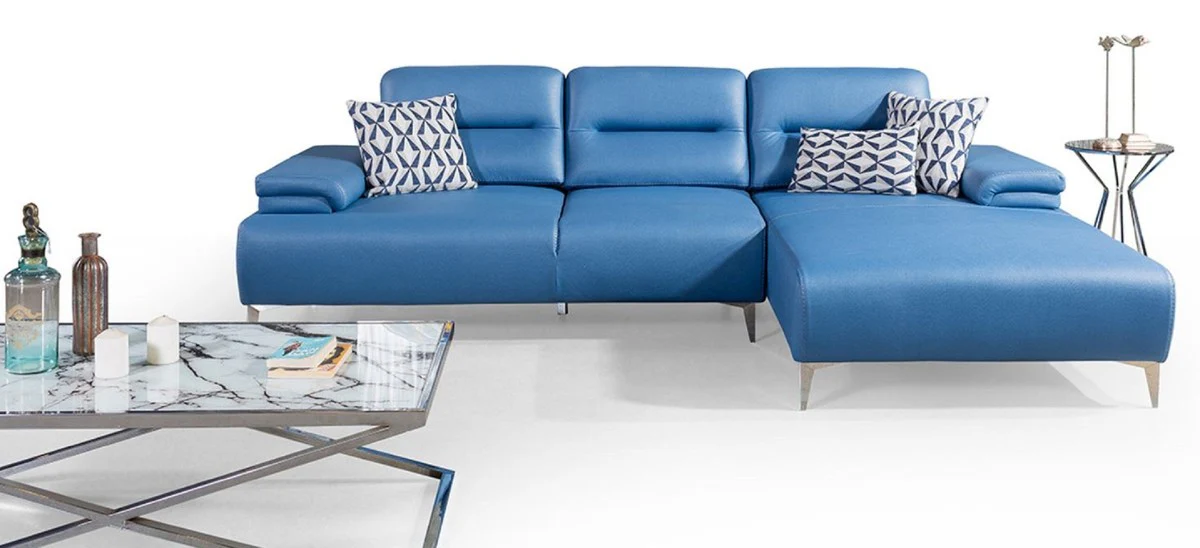 Luxus Kunstleder Ecksofa Blau / Silber 285 x 182 cm - Wohnzimmer Möbel