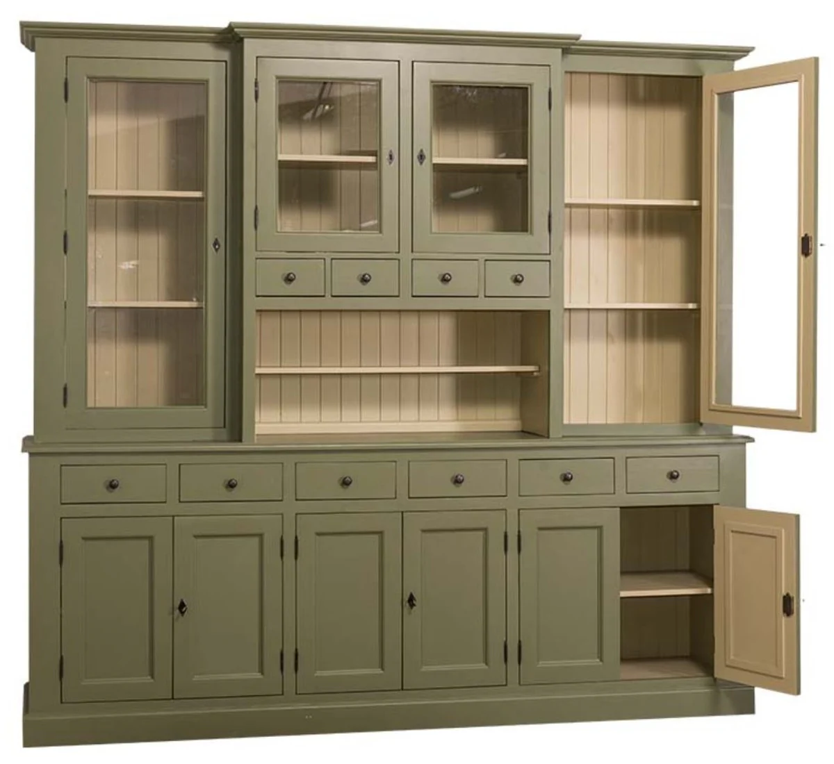 Landhausstil Küchenschrank Grün / Beige 244 x 45 x H. 225 cm - 2 Teiliger Küchenschrank mit 10 Türen und 10 Schubladen