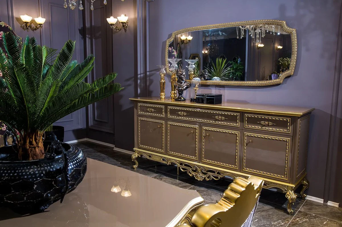 Luxus Barock Esstisch Grau / Gold - Prunkvoller Massivholz Esszimmertisch - Barock Esszimmer Möbel - Edel & Prunkvoll