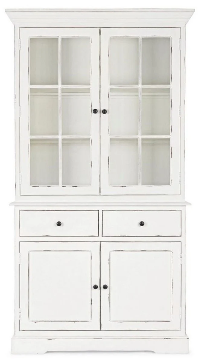 Landhausstil Schrank Antik Weiß 111,4 x 42,5 x H. 203 cm - Landhausstil Esszimmerschrank mit 4 Türen und 2 Schubladen - Landhausstil Vitrine - Landhausstil Esszimmer Möbel