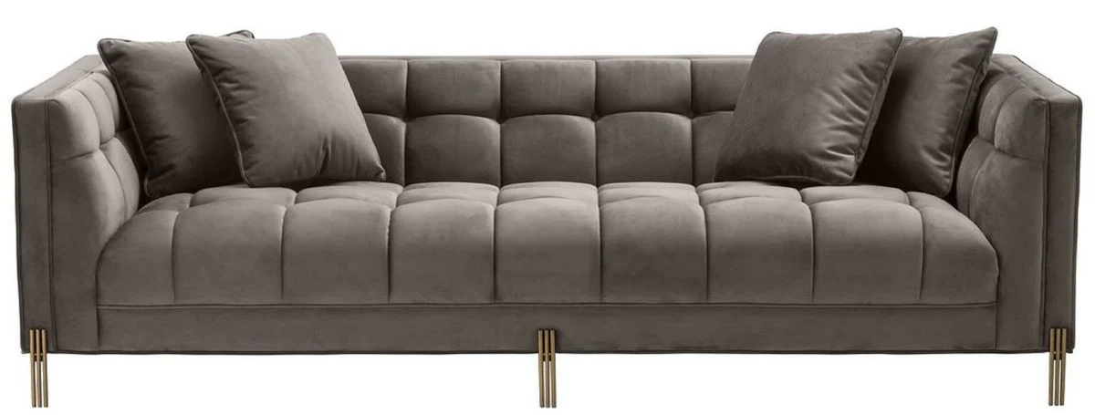 Luxus Samt Sofa mit 4 Kissen Grau / Messingfarben 231 x 95 x H. 68 cm - Wohnzimmer Sofa - Luxus Qualität
