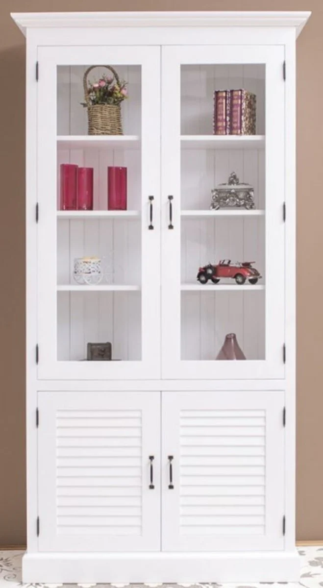 Landhausstil Massivholz Schrank mit 4 Türen Weiß 64 x 39 x H. 210 cm - Regalschrank - Wohnzimmerschrank - Vitrinenschrank - Landhausstil Möbel