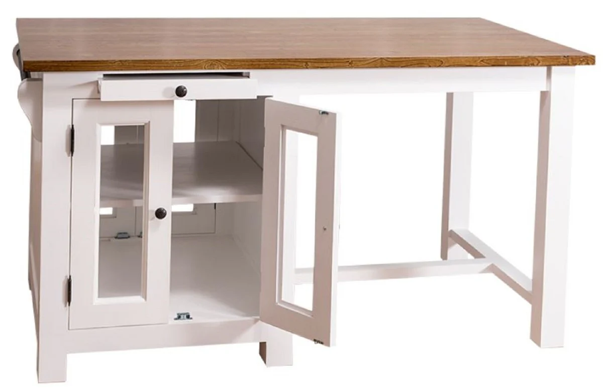 Landhausstil Kücheninsel mit 4 Glastüren und 2 Schubladen Weiß / Dunkelbraun 150 x 85 x H. 80 cm - Landhausstil Küchenmöbel