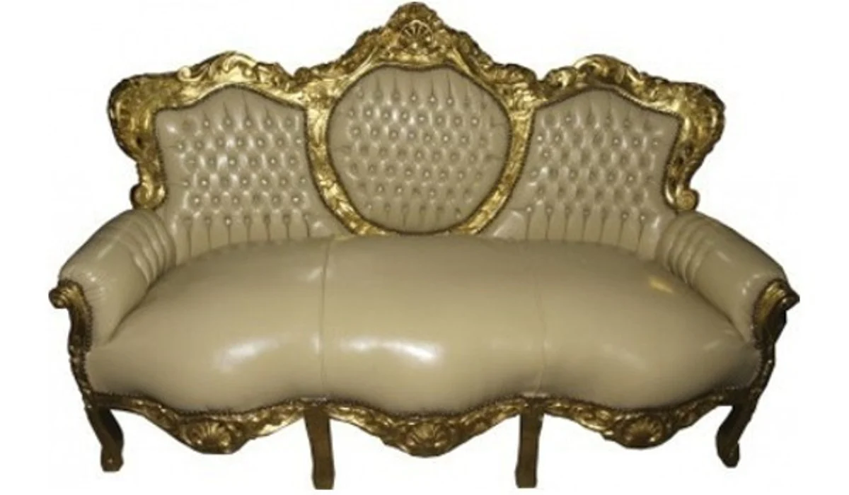 Barock Sofa King Creme Lederoptik / Gold - Möbel Antik Stil