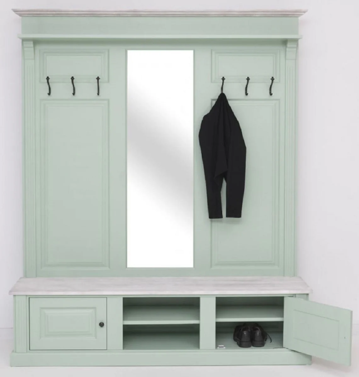 Landhausstil Garderobe Mintgrün / Grau 180 x 41 x H. 210 cm - Massivholz Garderobenschrank mit Spiegel - Massivholz Garderobenmöbel - Landhausstil Garderobenmöbel