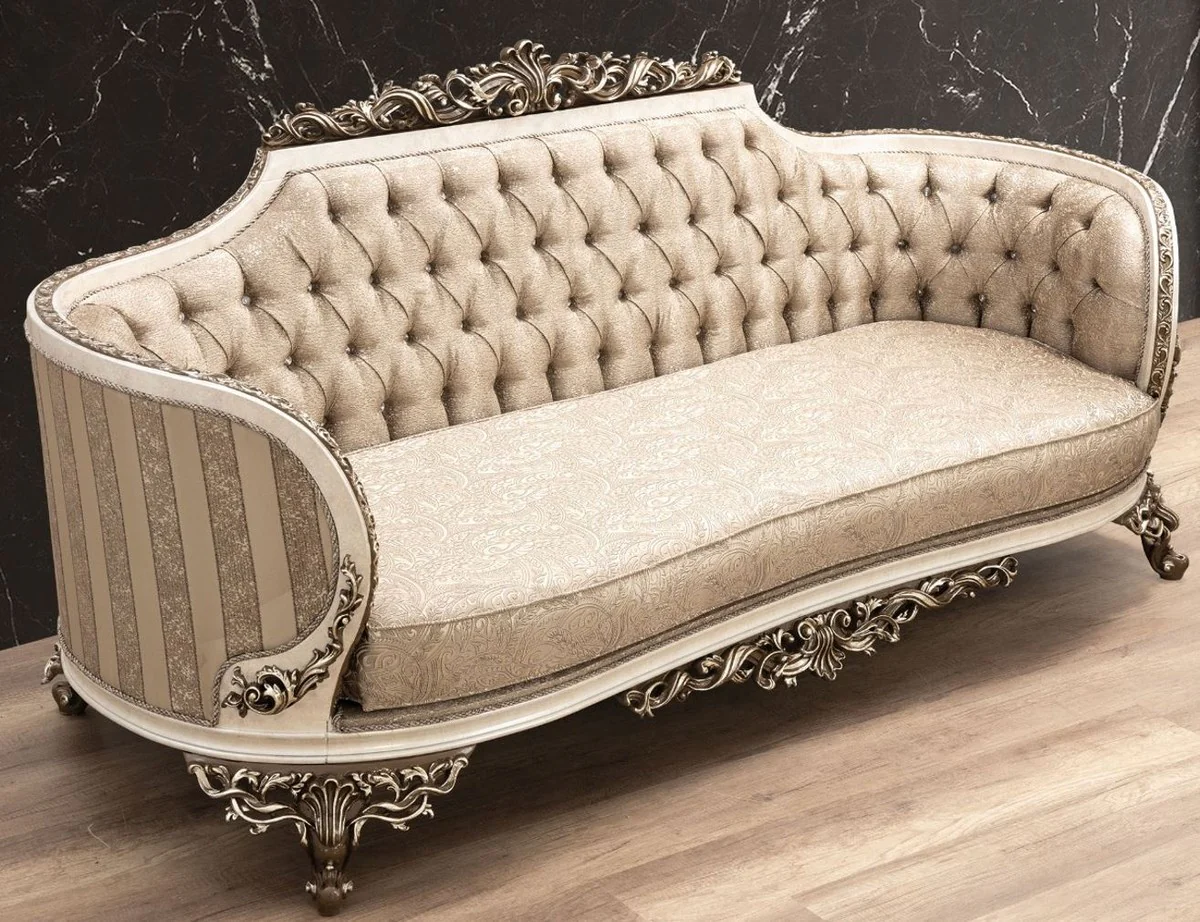 Luxus Barock Sofa Beige / Cremefarben / Braun / Gold - Prunkvolles Wohnzimmer Sofa mit elegantem Muster - Barock Wohnzimmer Möbel