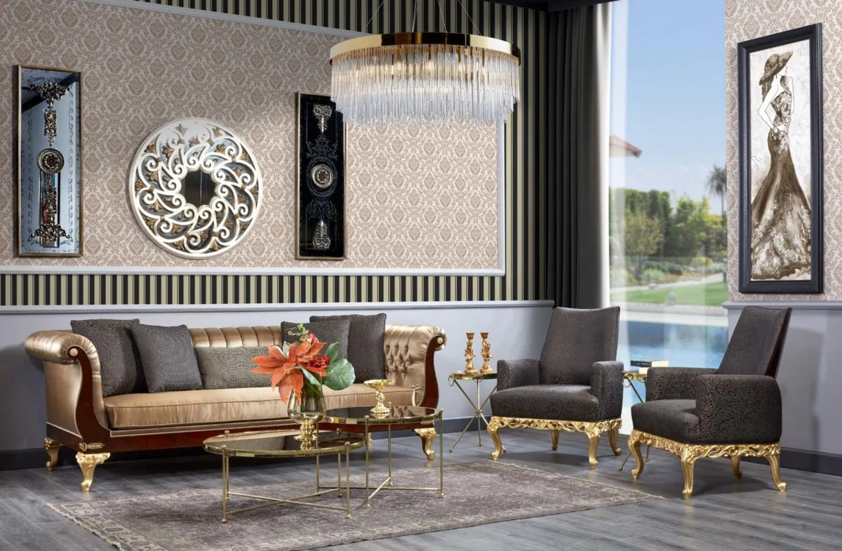 Luxus Barock Chesterfield Sofa Gold / Dunkelbraun - Prunkvolles Wohnzimmer Sofa - Barockstil Wohnzimmer Möbel - Luxus Möbel im Barockstil - Barock Einrichtung - Edel & Prunkvoll