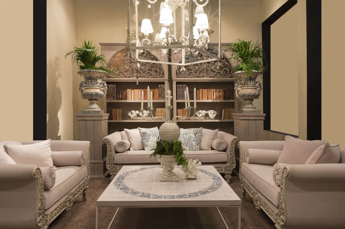 Luxus Barock Sofa Hellgrau / Grau 220 x 100 x H. 80 cm - Handgeschmiedetes Schmiedeeisen Sofa mit Kissen - Wohnzimmer Sofa - Garten Sofa - Terrassen Sofa - Barock Möbel