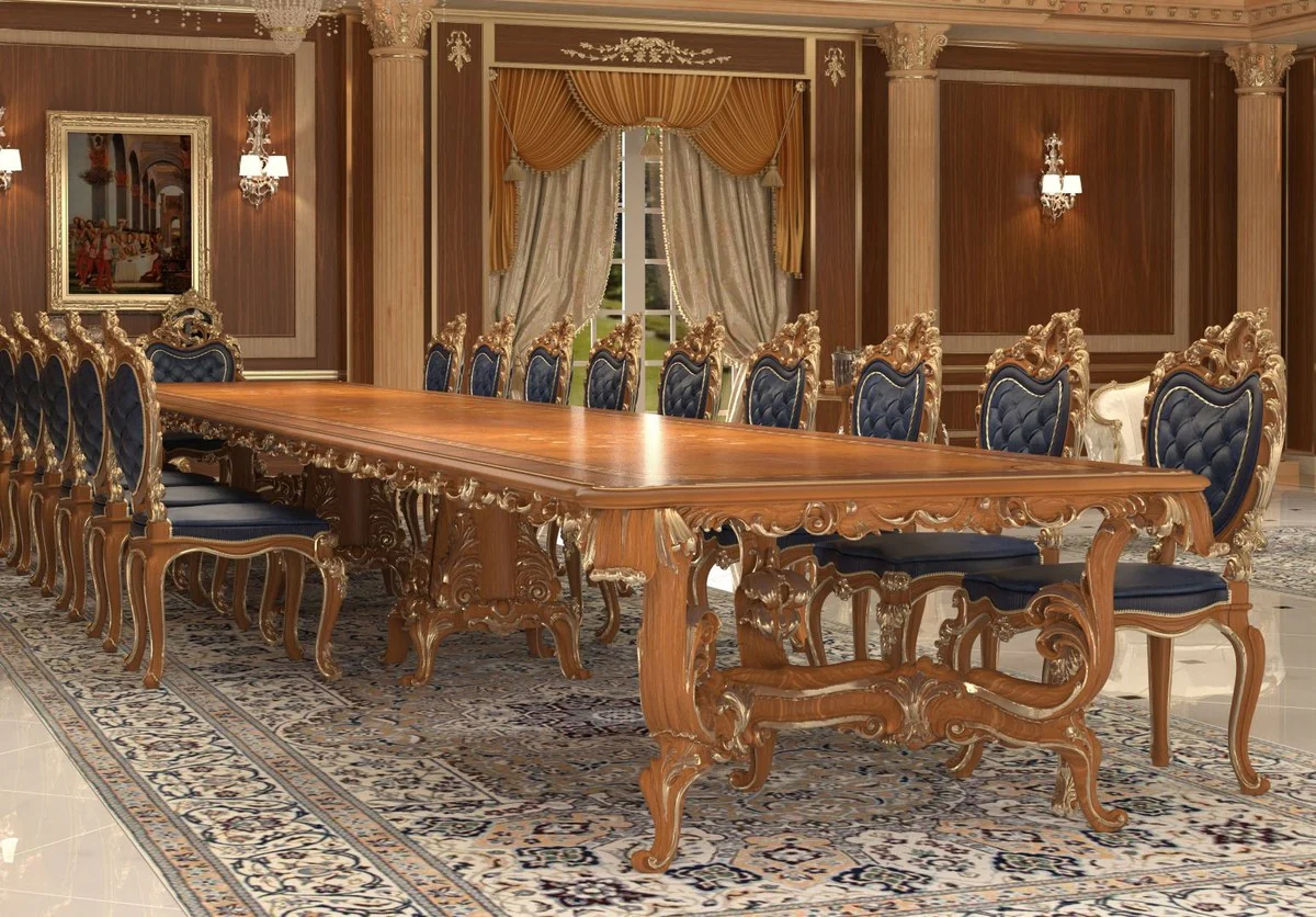 Luxus Barock Esszimmer Stuhl Set Dunkelblau / Braun / Gold 57 x 62 x H. 105 cm - Prunkvolles Küchen Stühle 4er Set - Hotel Restaurant Schloss Möbel - Luxus Qualität - Made in Italy