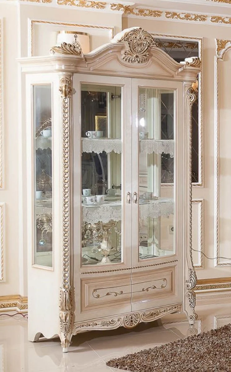 Luxus Barock Vitrine Weiß / Beige / Gold - Barockstil Vitrinenschrank mit 2 Glastüren - Luxus Esszimmer Möbel im Barockstil - Barock Esszimmer Möbel