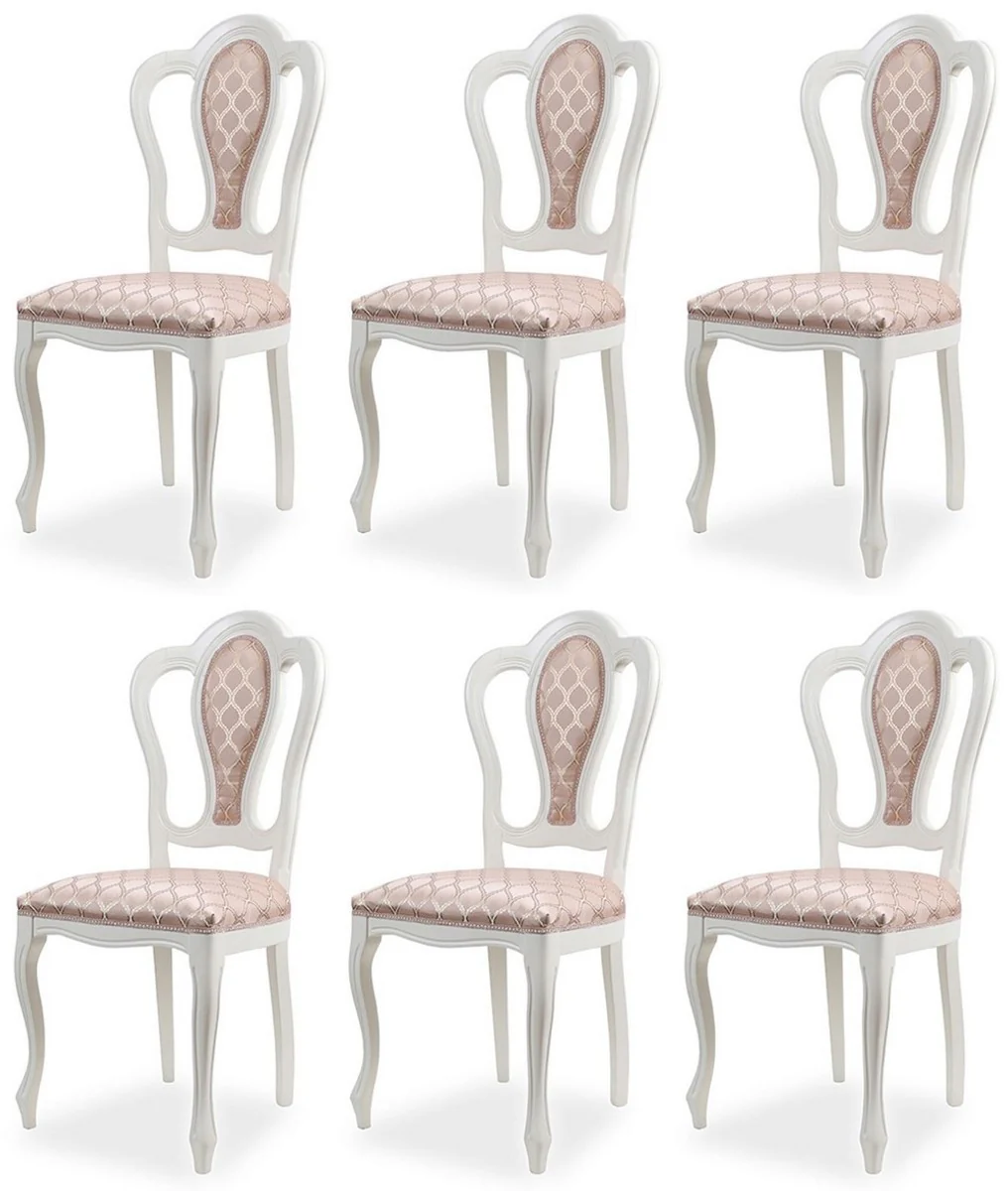 Luxus Barock Esszimmer Stuhl 6er Set mit Muster Rosa / Weiß - Prunkvolle Barockstil Küchen Stühle - Luxus Esszimmer Möbel im Barockstil - Edel & Prunkvoll