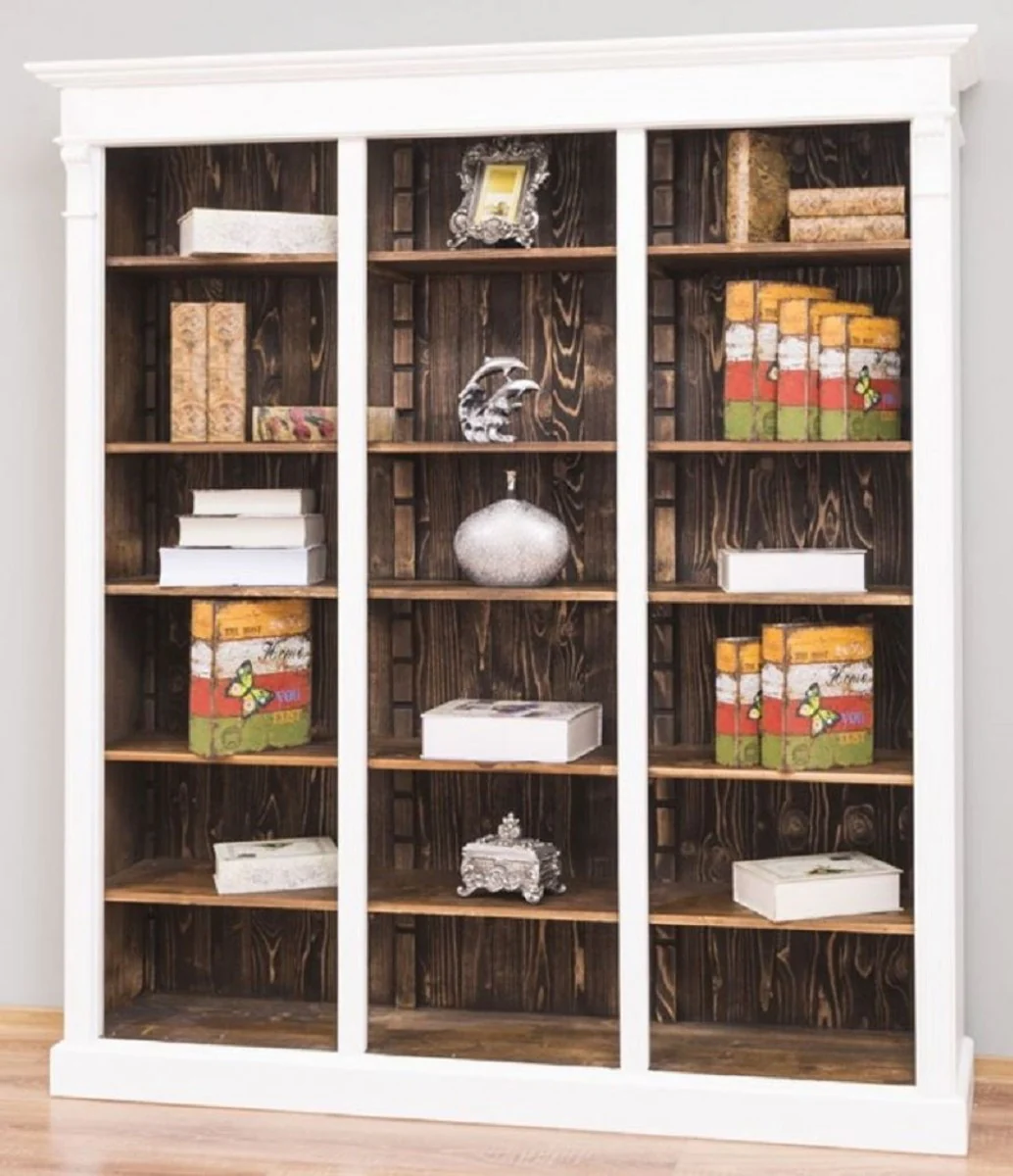 Landhausstil Regalschrank Weiß / Dunkelbraun 180 x 39 x H. 197 cm - Massivholz Schrank - Bücherschrank - Wohnzimmerschrank - Büroschrank - Landhausstil Möbel