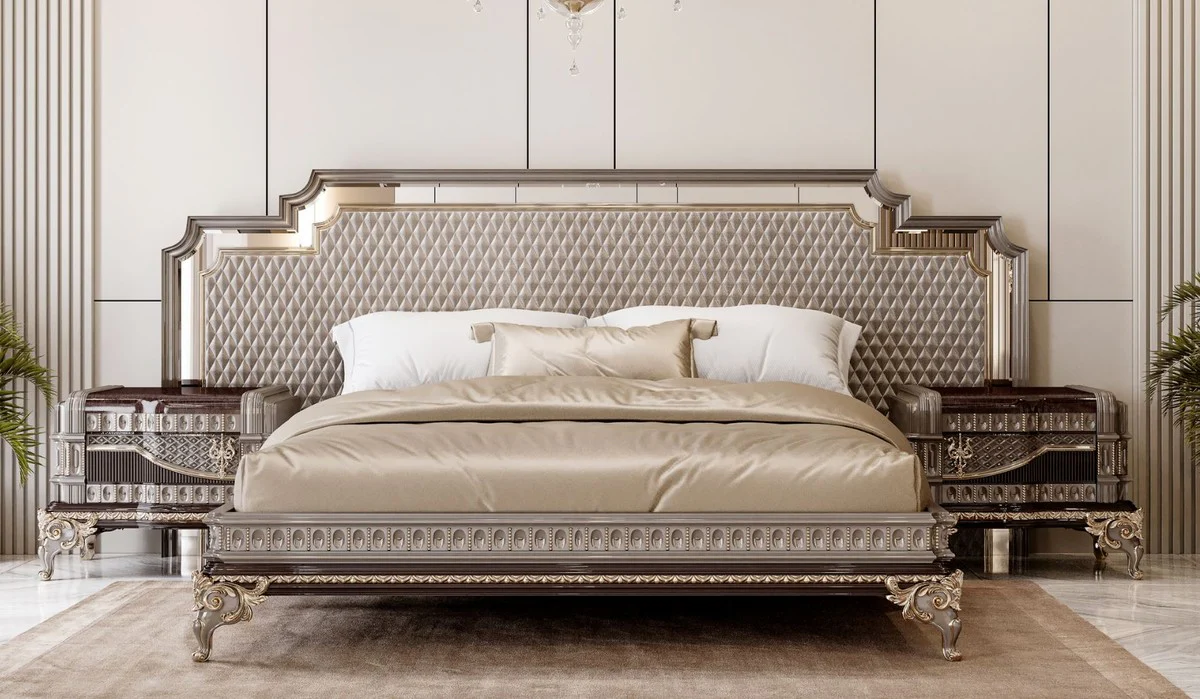 Luxus Barock Doppelbett und 2 Nachtkommoden Grau / Dunkelbraun / Gold