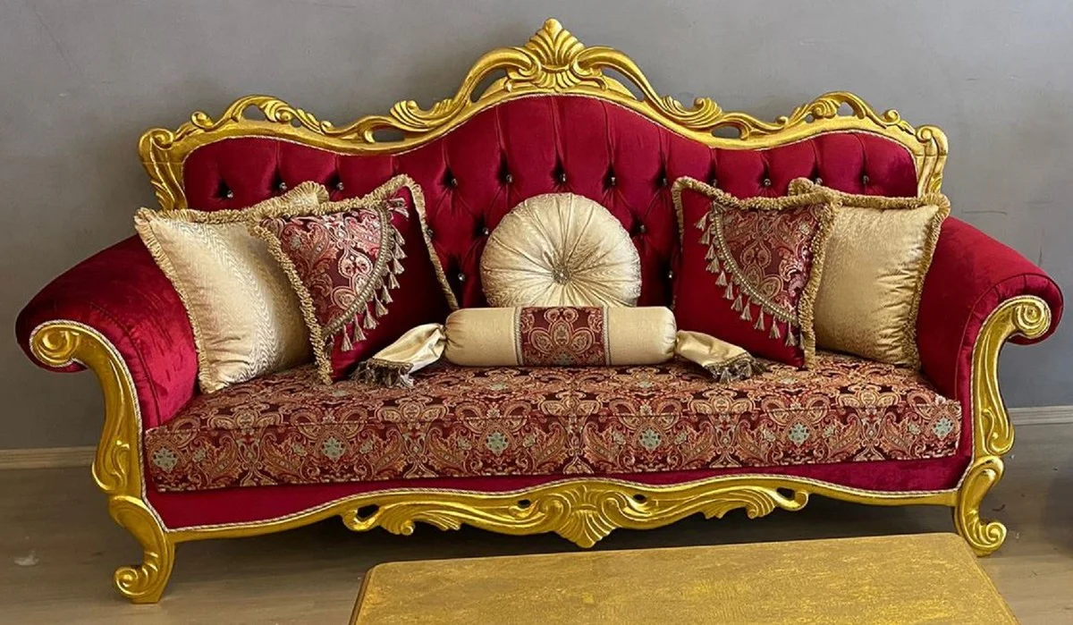 Luxus Barock Sofa Bordeauxrot / Mehrfarbig / Gold - Prunkvolles Wohnzimmer Sofa mit elegantem Muster und Glitzersteinen - Wohnzimmer Möbel - Barock Möbel - Edel & Prunkvoll
