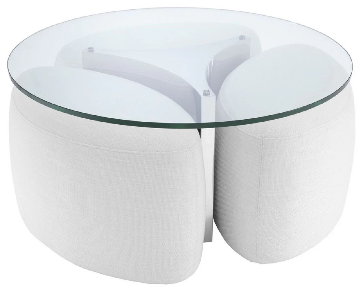 Luxus Couchtisch Weiß / Silber Ø 104 x H. 46,5 cm - Runder Edelstahl Wohnzimmertisch mit Glasplatte und 3 eleganten Sitzhocker - Wohnzimmer Möbel - Luxus Möbel