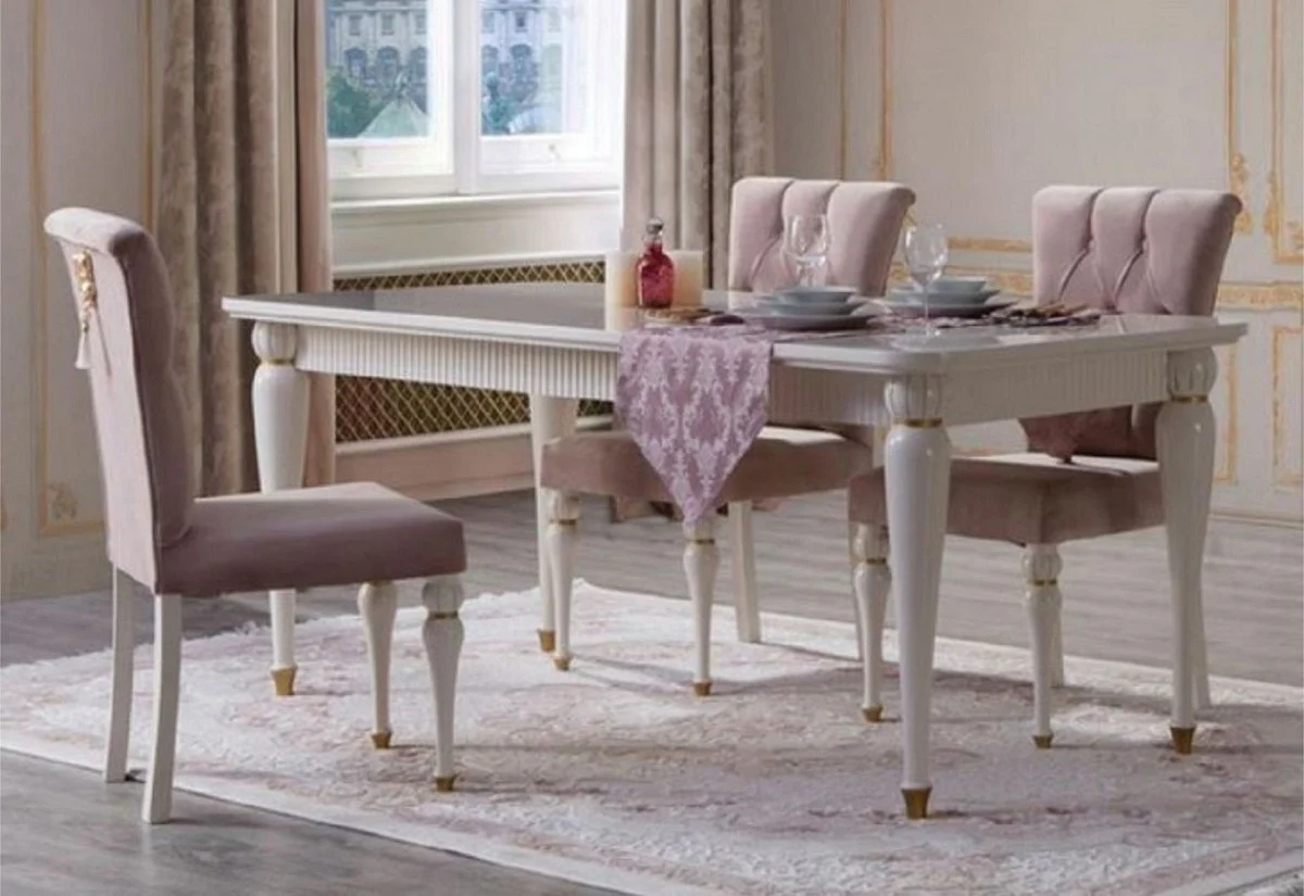 Luxus Barock Esstisch Weiß / Gold - Prunkvoller Massivholz Esszimmertisch im Barockstil - Barock Esszimmer Möbel - Luxus Esszimmer Möbel im Barockstil - Edel & Prunkvoll