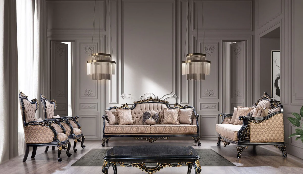 Luxus Barock Sofa Grau / Blau / Gold - Barockstil Wohnzimmer Sofa mit elegantem Muster - Luxus Wohnzimmer Möbel im Barockstil - Barock Möbel - Barock Einrichtung