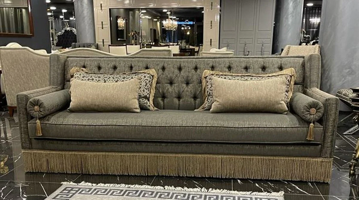 Luxus Art Deco Chesterfield Sofa Grau / Beige - Handgefertigtes Massivholz Wohnzimmer Sofa - Luxus Art Deco Chesterfield Wohnzimmer Möbel