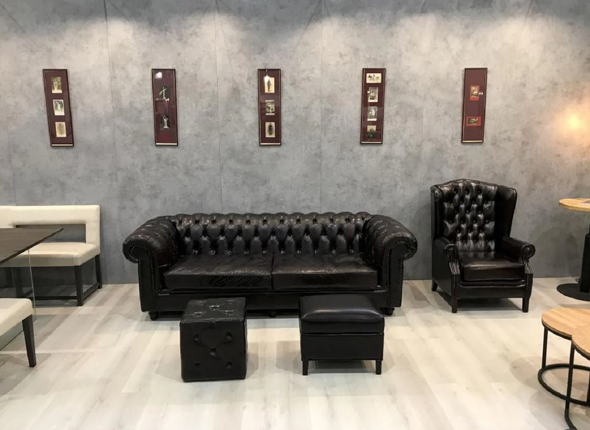 Luxus Chesterfield Leder Sofa Schwarz 240 x 100 x H. 80 cm - Echtleder Wohnzimmer Sofa - Wohnzimmer Möbel - Chesterfield Möbel - Luxus Möbel - Luxus Wohnzimmer Einrichtung