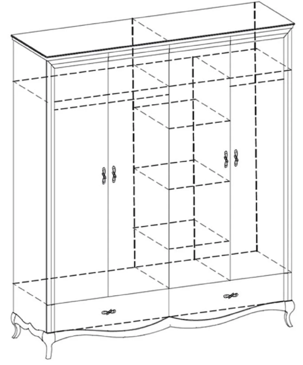 Luxus Jugendstil Schlafzimmerschrank Hochglanz Weiß / Braun 204,4 x 62,5 x H. 209,5 cm - Massivholz Kleiderschrank mit 4 Türen und 2 Schubladen - Schlafzimmer Möbel