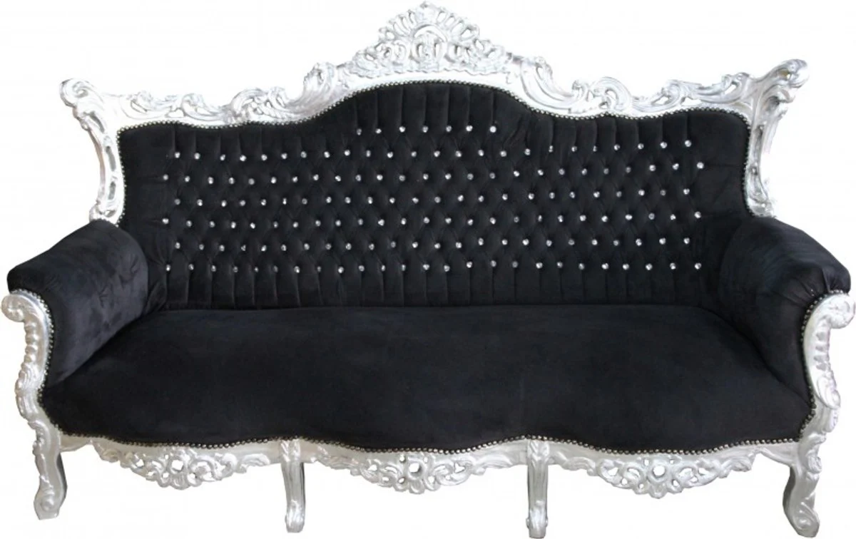 Barock Sofa Master Schwarz / Silber mit Bling Bling Glitzersteinen - Möbel Couch Lounge