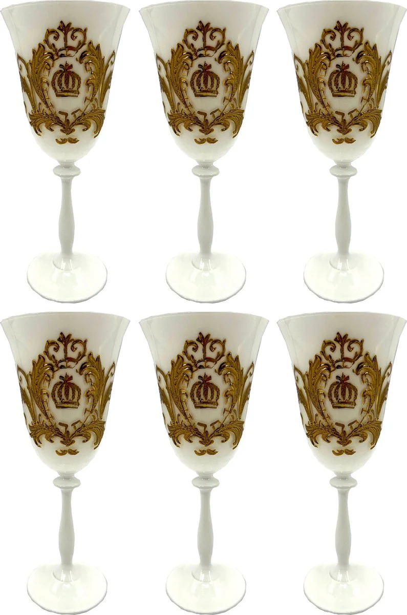 Pompöös by Luxus Barock Weinglas Set Weß / Gold Ø 8,7 x H. 20,3 cm - Weingläser mit 24 Karat Vergoldung - Pompööse Weingläser designed by Harald Glööckler - Luxus Designer Weingläser
