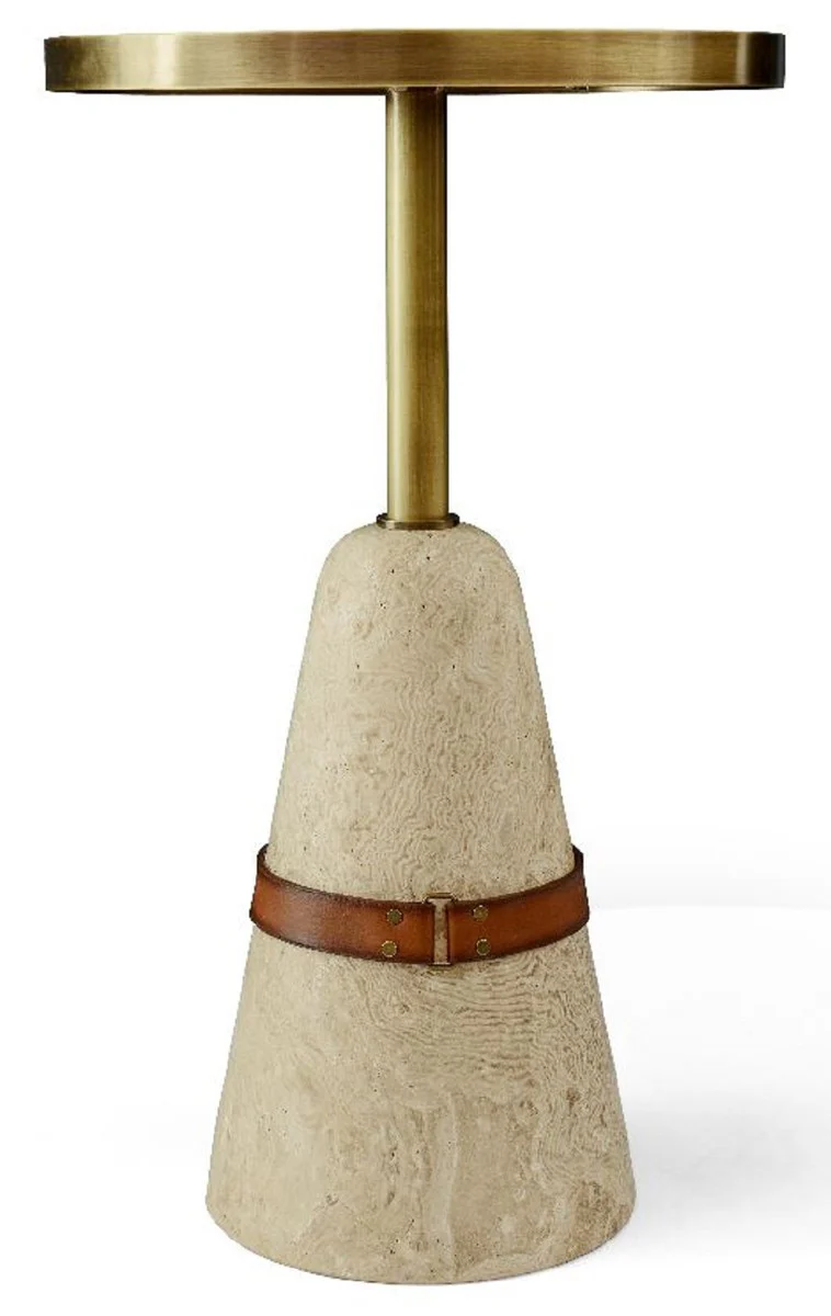 Luxus Beistelltisch Braun / Messing / Beige Ø 40 x H. 74,5 cm - Runder Tisch mit Marmorfuß - Wohnzimmer Möbel - Luxus Möbel