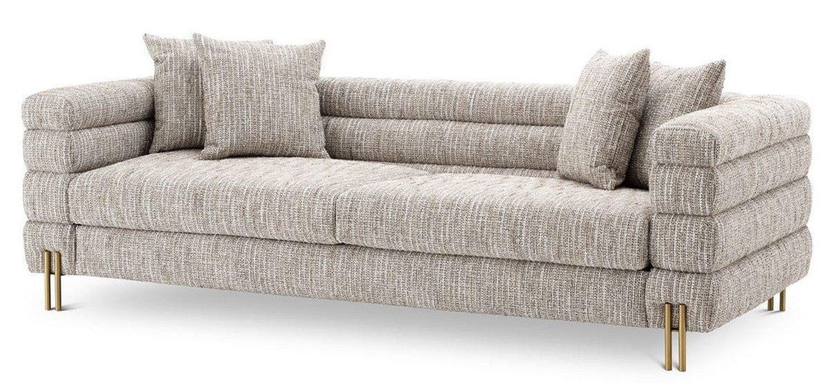 Luxus Sofa mit Kissen Beige / Messingfarben 230 x 97 x H. 69 cm - Wohnzimmer Sofa - Hotel Sofa - Luxus Möbel