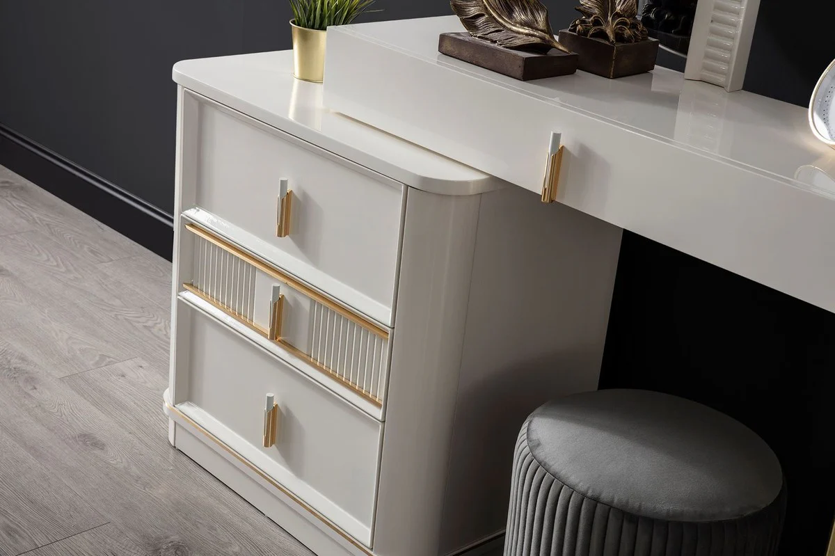 Luxus Schlafzimmer Schminktisch Set Weiß / Gold / Grau - 1 Schminkkommode mit Spiegel & 1 Hocker - Luxus Schlafzimmer Möbel