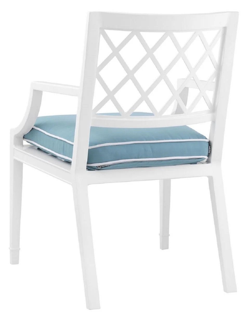 Luxus Esszimmerstuhl mit Armlehnen und Kissen Weiß / Hellblau 60 x 66 x H. 87 cm - Aluminium Küchenstuhl - Esszimmermöbel