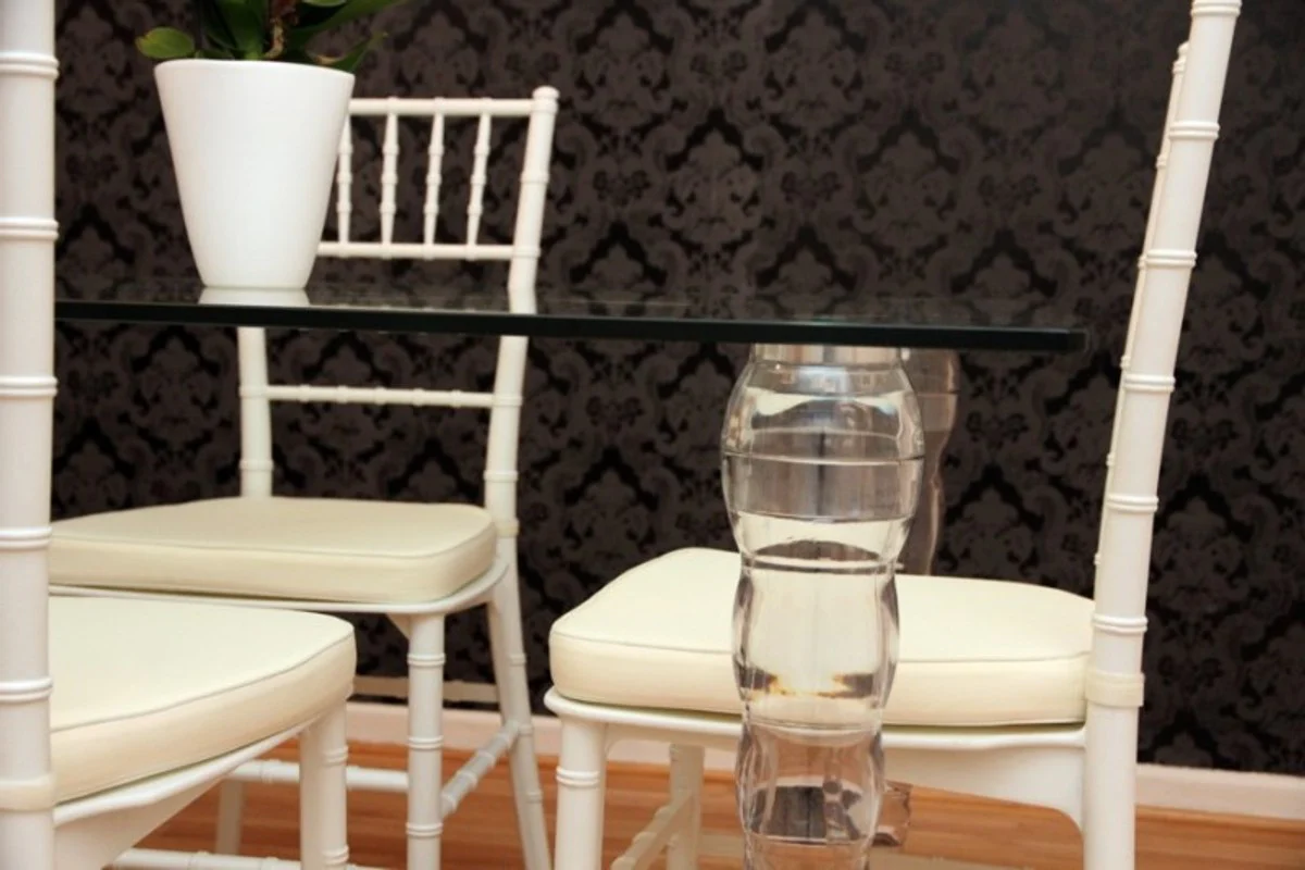 Designer Acryl Esszimmer Set Weiß/Creme - Ghost Chair Table - Polycarbonat Möbel - 1 Tisch + 4 Stühle - Designer Möbel