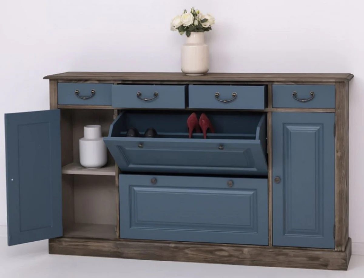 Landhausstil Kommode Blau / Schwarz 176 x 35 x H. 105 cm - Massivholz Schrank mit 6 Schubladen und 2 Türen - Landhausstil Möbel - Möbel im Landhausstil - Landhausstil Einrichtung