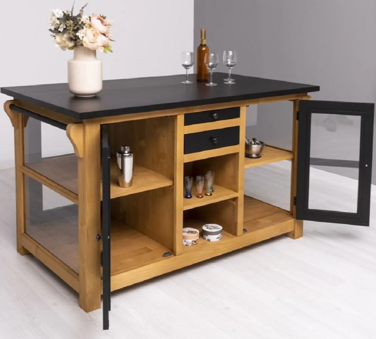 Landhausstil Kücheninsel Schwarz / Naturfarben 150 x 90 x H. 90 cm - Massivholz Küchenschrank - Landhausstil Massivholz Küchen Möbel - Massivholz Esszimmer Möbel im Landhausstil