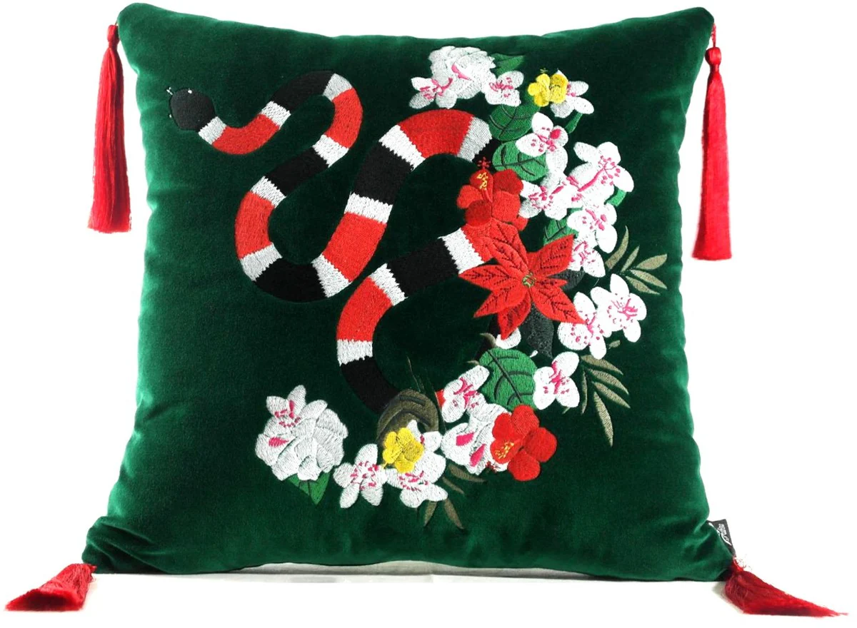 Luxus Deko Kissen mit Troddeln Snake Grün / Mehrfarbig 45 x 45 cm - Feinster Samtstoff - Luxus Qualität