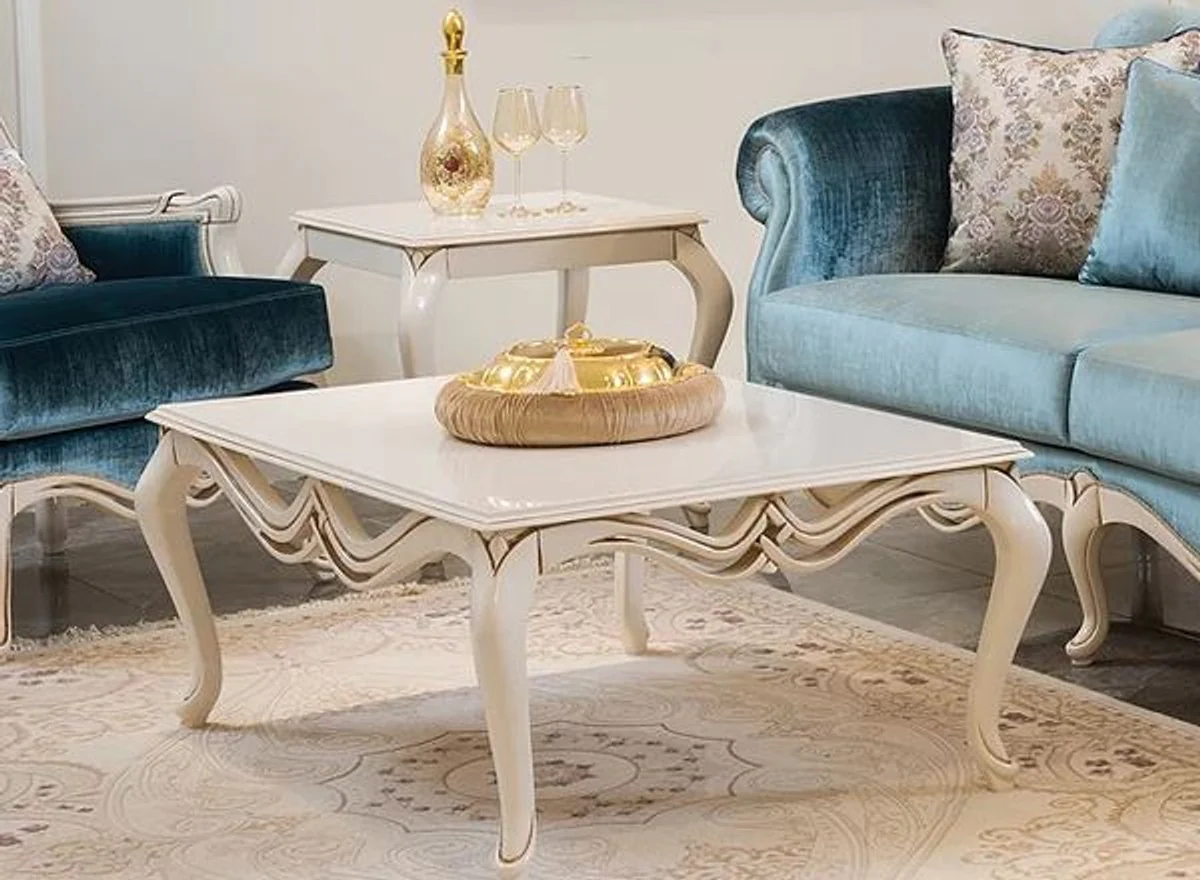 Luxus Barock Couchtisch Weiß 108 x 77 x H. 45 cm - Rechteckiger Massivholz Wohnzimmertisch - Wohnzimmer Möbel im Barockstil