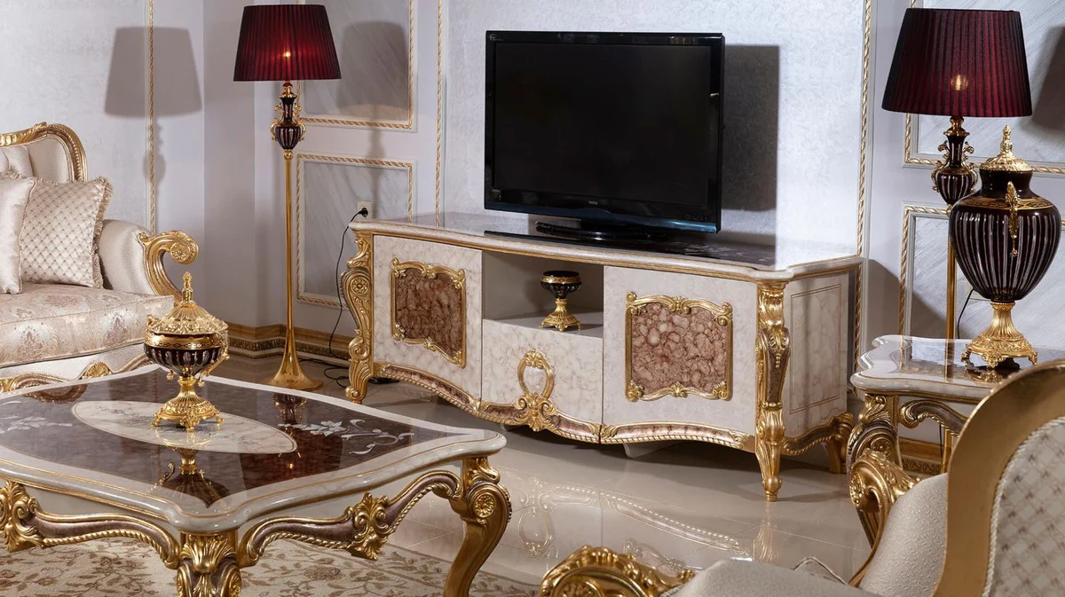 Luxus Barock Couchtisch Weiß / Braun / Gold - Prunkvoller Wohnzimmertisch im Barockstil - Luxus Wohnzimmer Möbel im Barockstil - Barock Möbel - Barock Wohnzimmer Einrichtung